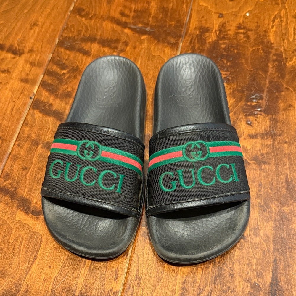 Gucci Kids Black and Green Slide Sandals
